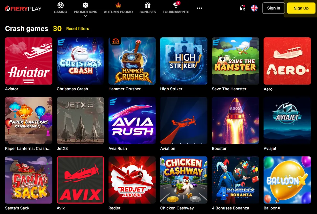 Crashspel hos Fiery Play Casino med Aviator, High Striker och JetX3